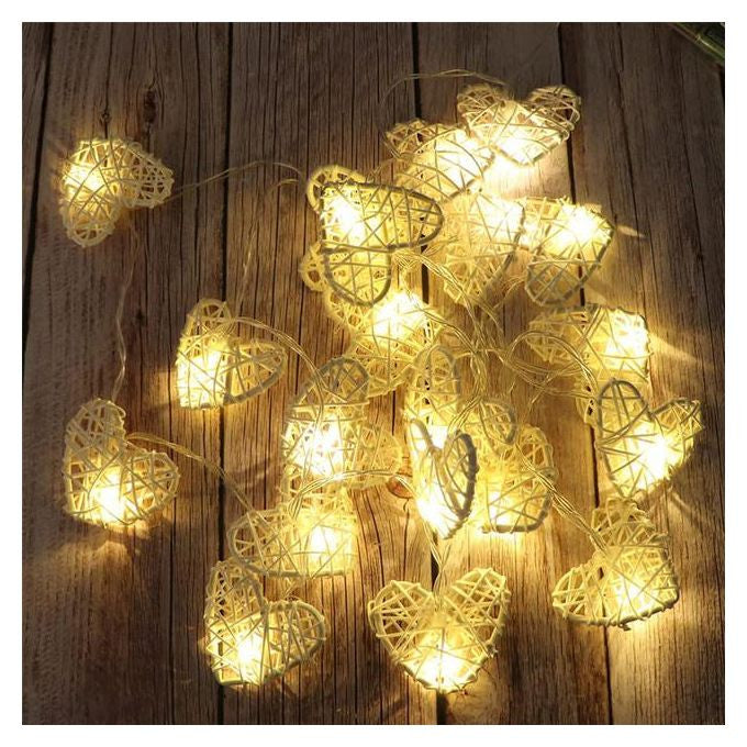 20 White 3D Hollowed Rattan Heart-Shaped 3M String Fairy Lights, Battery (AA) Indoor & Outdoor Decorations Wedding Valentines Romantic Room Table Lighting