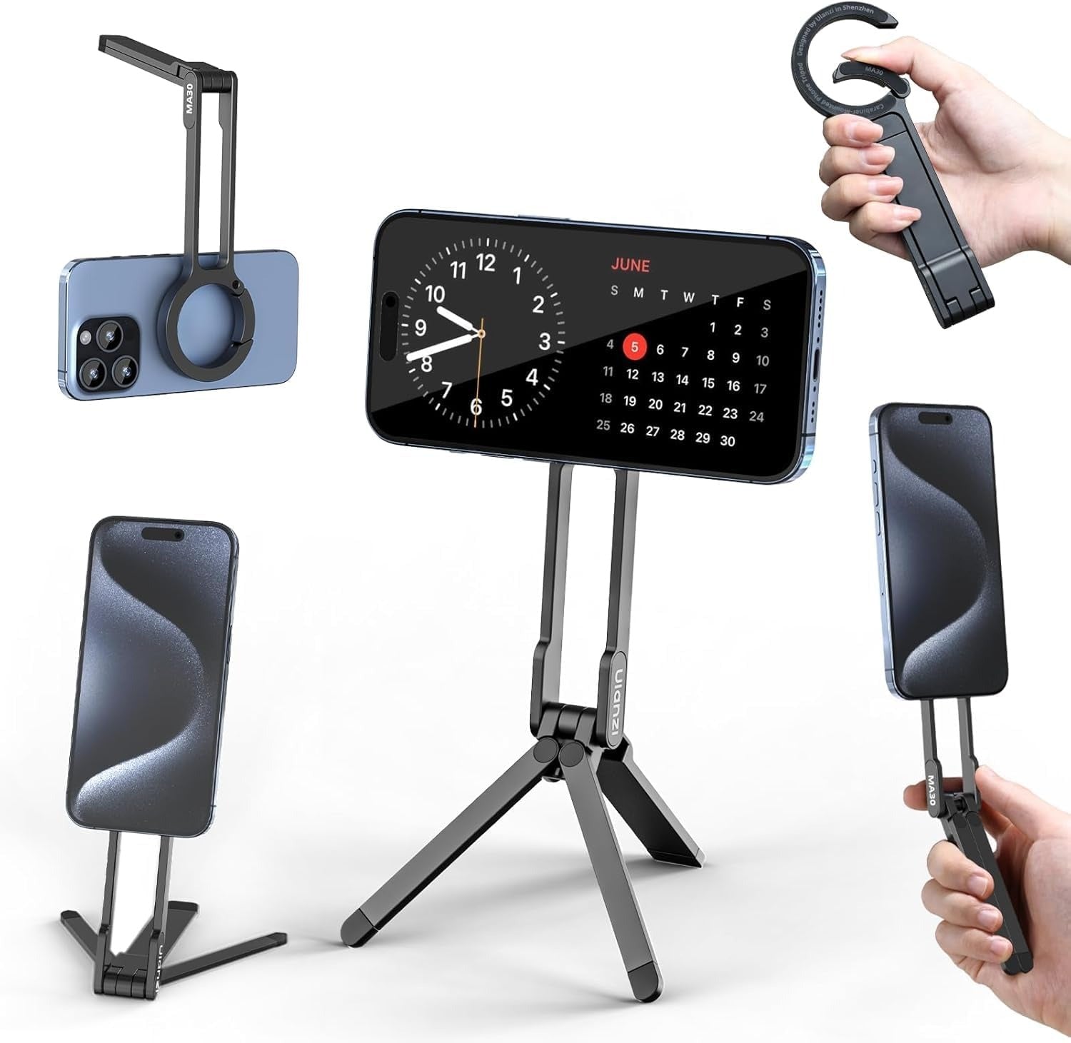 MA30 Magnetic Phone Tripod Stand for iPhone - Aluminium Maglock Smartphone Mini Tripod Pocket Cell Phone Stand Dual-Sided Magnet Quick Mount Compatible with iPhone 16 15 14 13 12 Magsafe(Grey)