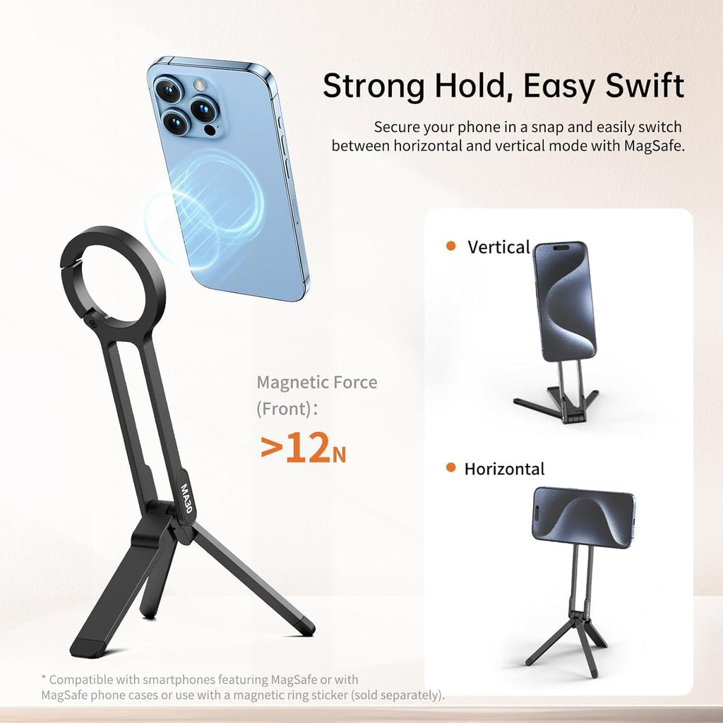 MA30 Magnetic Phone Tripod Stand for iPhone - Aluminium Maglock Smartphone Mini Tripod Pocket Cell Phone Stand Dual-Sided Magnet Quick Mount Compatible with iPhone 16 15 14 13 12 Magsafe(Red)