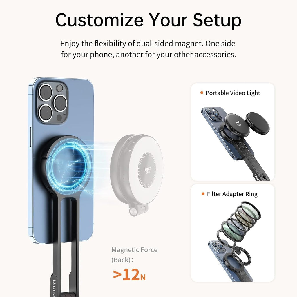 MA30 Magnetic Phone Tripod Stand for iPhone - Aluminium Maglock Smartphone Mini Tripod Pocket Cell Phone Stand Dual-Sided Magnet Quick Mount Compatible with iPhone 16 15 14 13 12 Magsafe(Dark Grey)