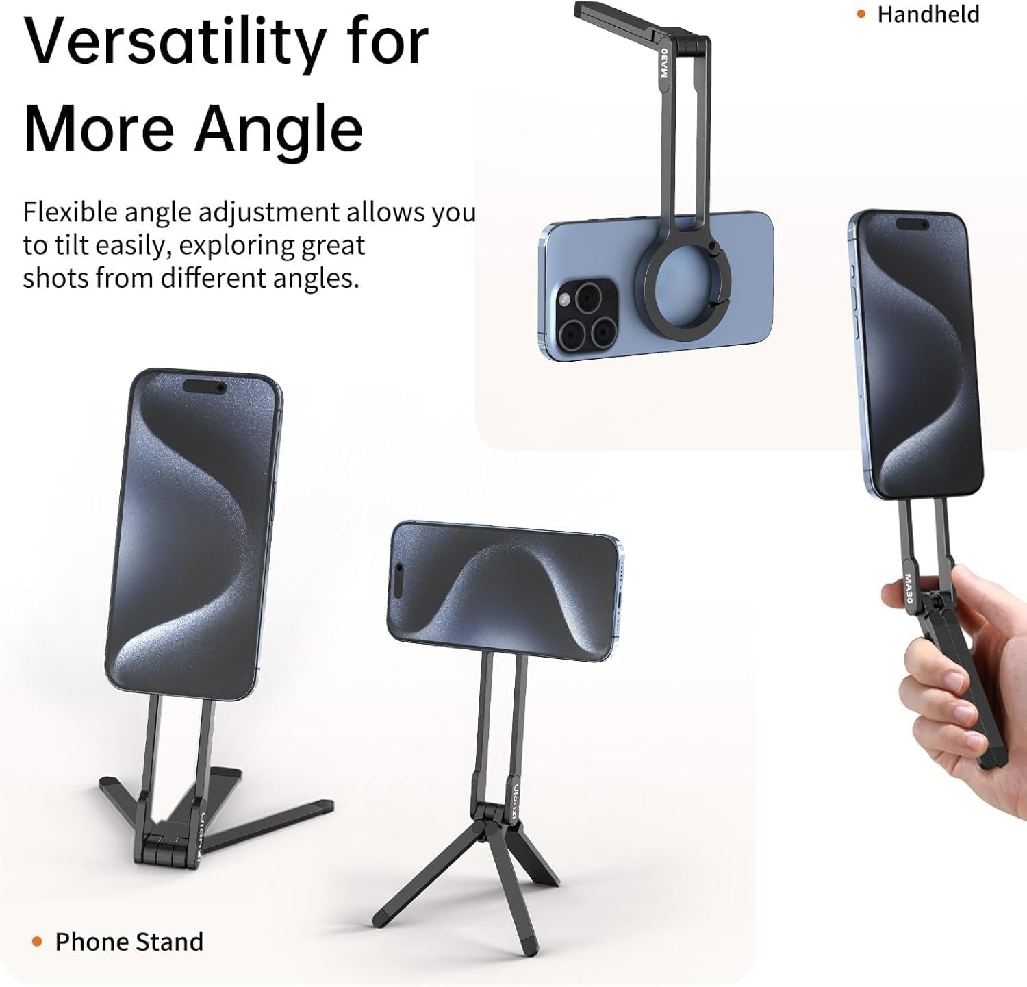 MA30 Magnetic Phone Tripod Stand for iPhone - Aluminium Maglock Smartphone Mini Tripod Pocket Cell Phone Stand Dual-Sided Magnet Quick Mount Compatible with iPhone 16 15 14 13 12 Magsafe(Dark Grey)
