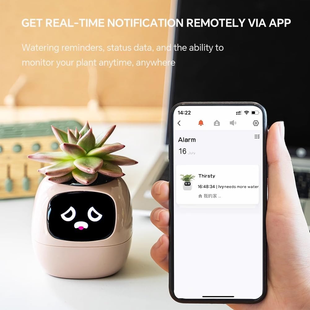 Intelligent Flower Pot, Electronic Bud, Maintenance Plant Assistant, Fun Interactive Flower Pot, Indoor Green Planting Monitoring, LCD Screen Display, Cell Phone APP Connection (White)