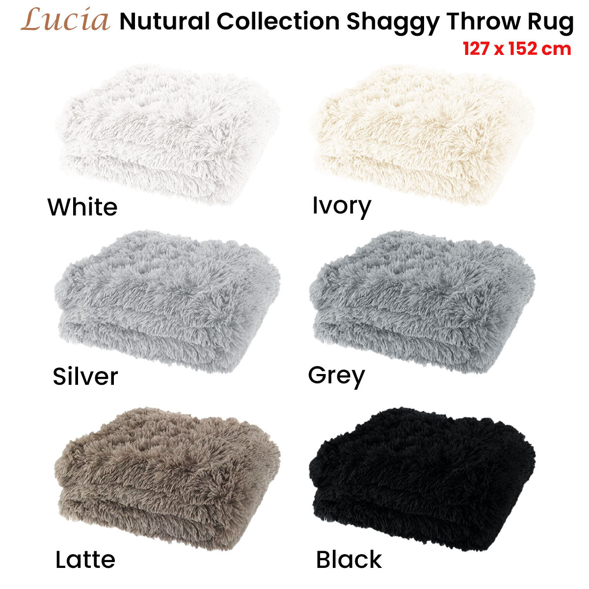 Lucia Nutural Collection Shaggy Throw Rug 127 x 152cm Grey