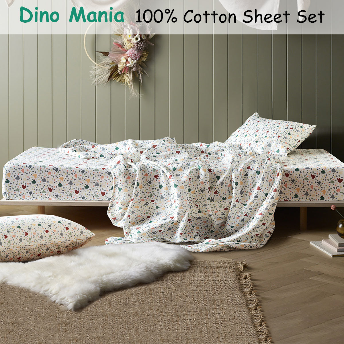 Happy Kids Dino Mania Green Cotton Sheet Set Single