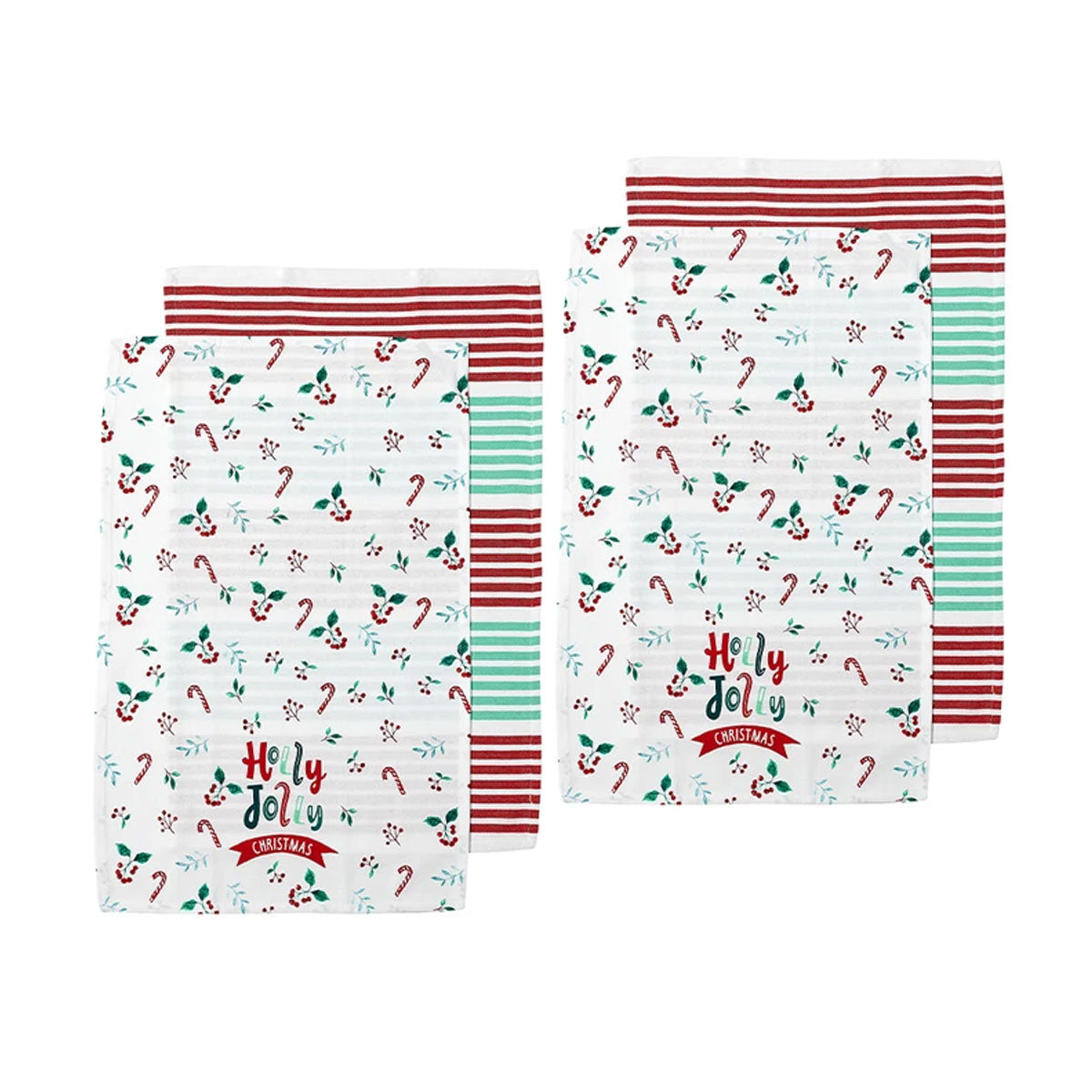 Joyful Holly Jolly Christmas Set of 4 Cotton Kitchen Towels 45 x 70 cm