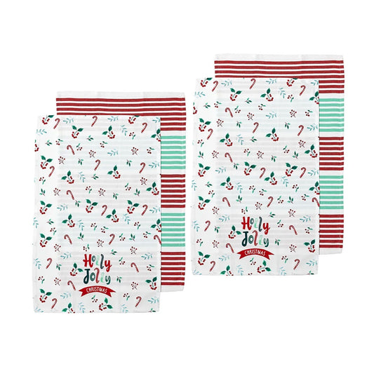 Joyful Holly Jolly Christmas Set of 4 Cotton Kitchen Towels 45 x 70 cm