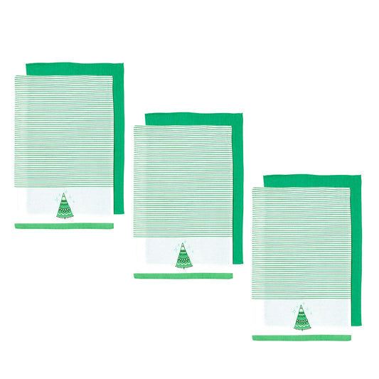 Set of 6 Christmas Xmas Festival Joyful Icons Cotton Tea Towels Christmas Tree