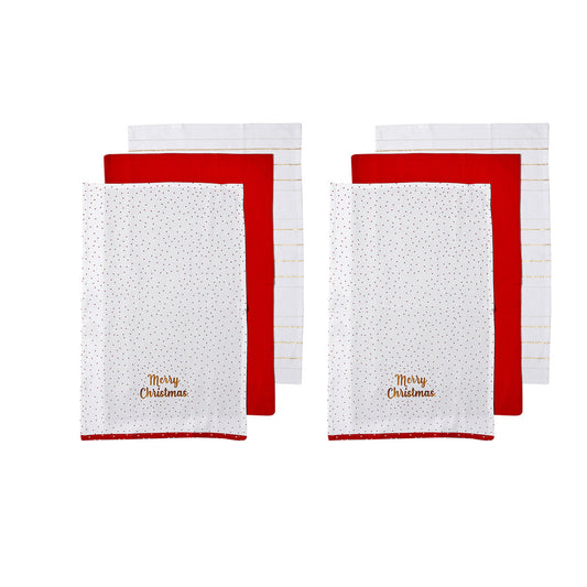 Joyful Merry Christmas Set of 6 Cotton Kitchen Towels Red
