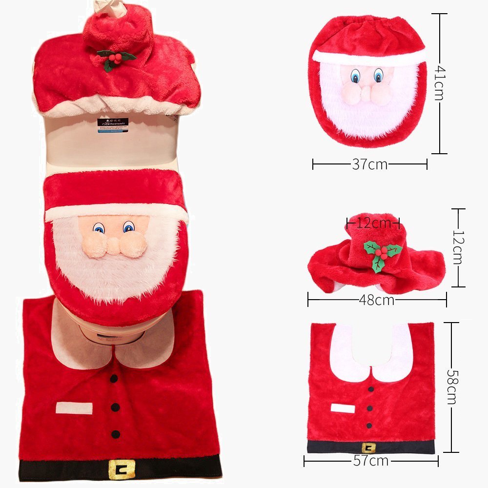 4pcs Christmas Toilet Seat Cover Rug Bathroom Set Santa Snowman Xmas Home D¨¦cor, Santa B (Set of 3)