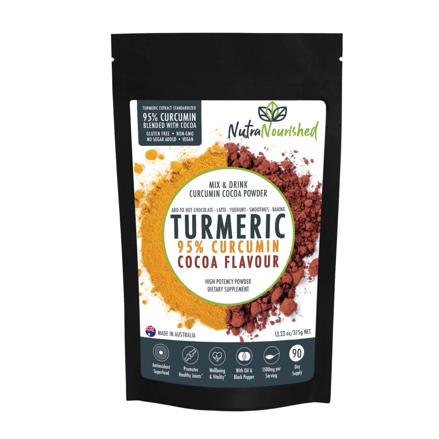 95 percent Organic Curcumin Extract Cocoa Flavour - Turmeric Powder With Black Pepper - Organic and with Black Pepper - 375g