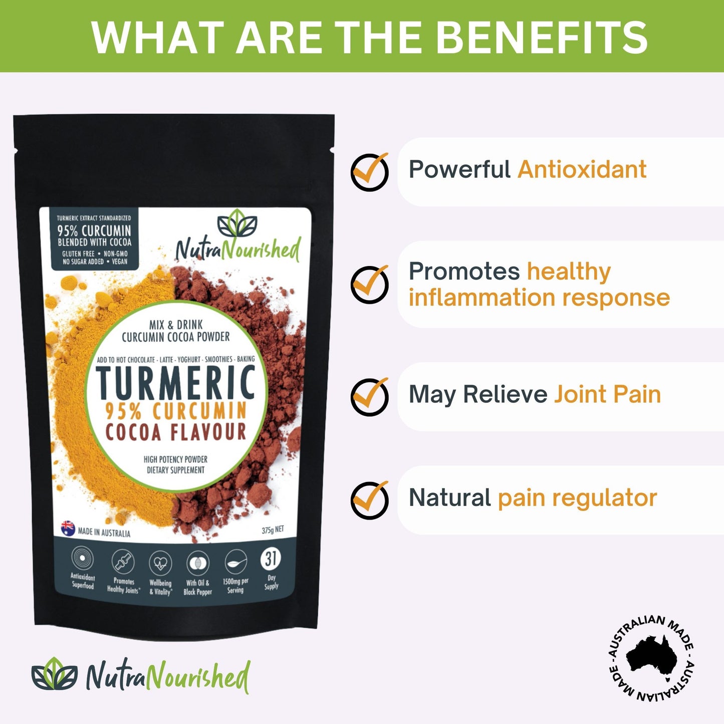 95 percent Organic Curcumin Extract Cocoa Flavour - Turmeric Powder With Black Pepper - Organic and with Black Pepper - 375g