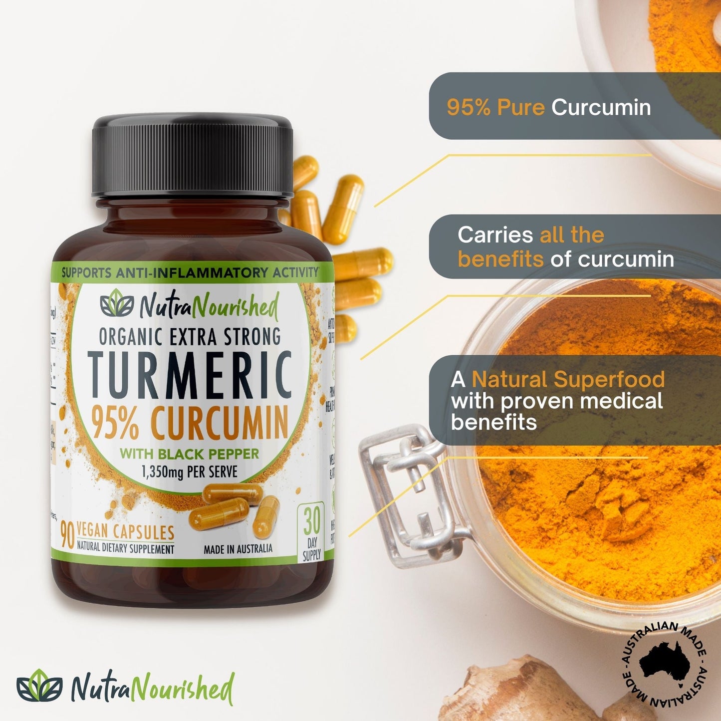 Curcumin Tablets - 95 percent Pure Organic Vegan - Turmeric Extract Buffered with Black Pepper (1,350mg) - 90 Vegan Capsules