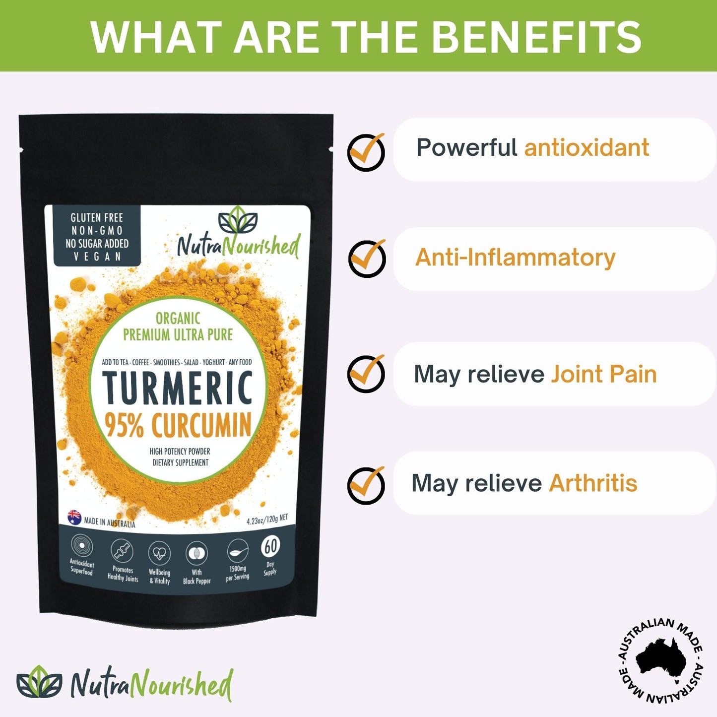 Pure Organic 95 percent Curcumin Powder (120g/2 months supply) - 1500mg of Turmeric Extract Buffered with Black Pepper