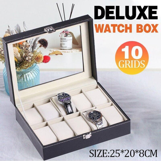 Leather Watch Jewelry Display Storage Holder Case 10 Grids Box Organizer