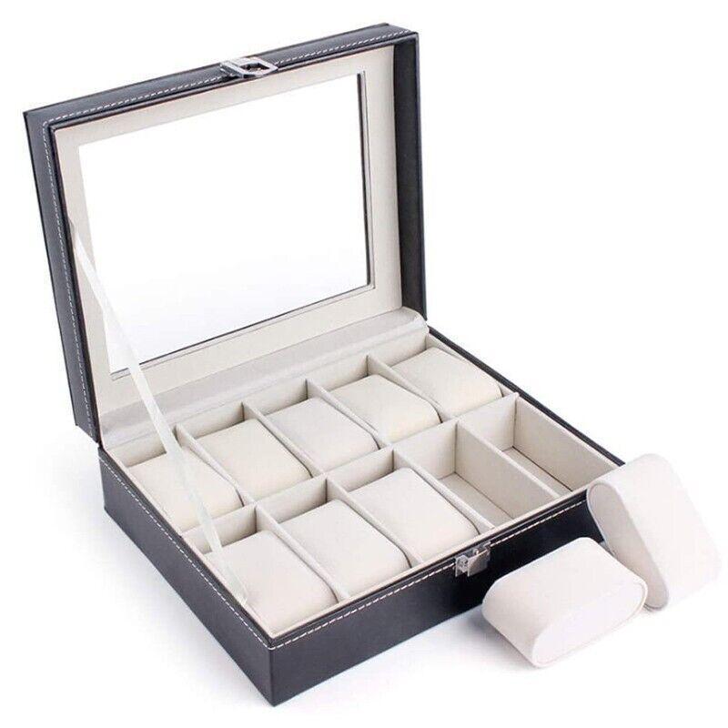 Leather Watch Jewelry Display Storage Holder Case 10 Grids Box Organizer