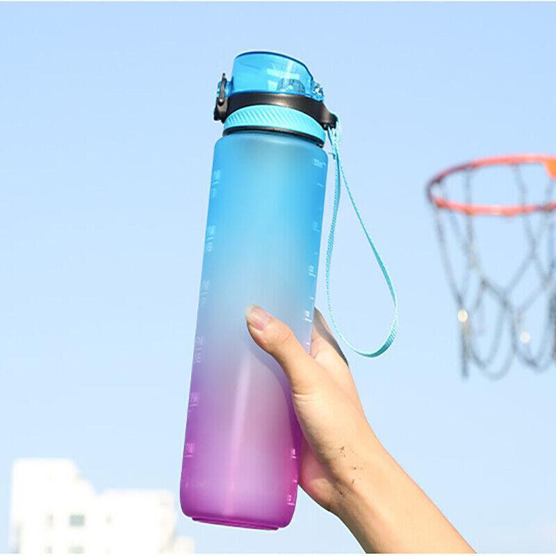 1L Water Bottle Motivational Drink Flask With Time Markings Bpa Free Sport Gym - Blue+Pink