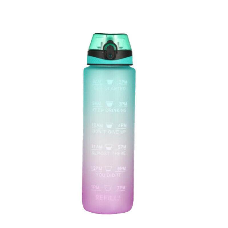 1L Water Bottle Motivational Drink Flask With Time Markings Bpa Free Sport Gym - Blue+Pink
