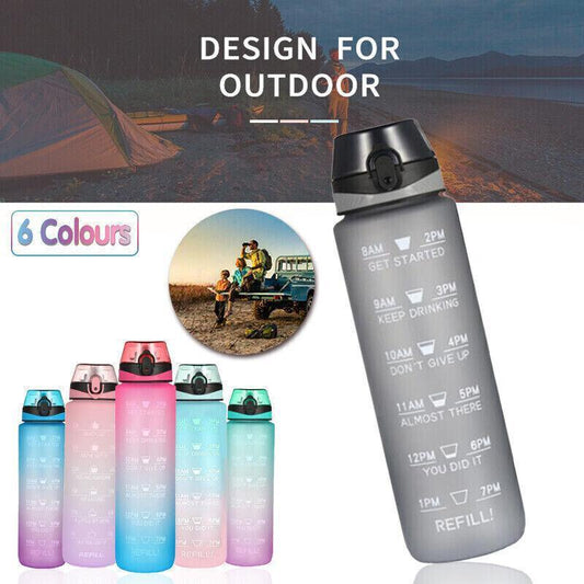 1L Water Bottle Motivational Drink Flask With Time Markings Bpa Free Sport Gym - Grey