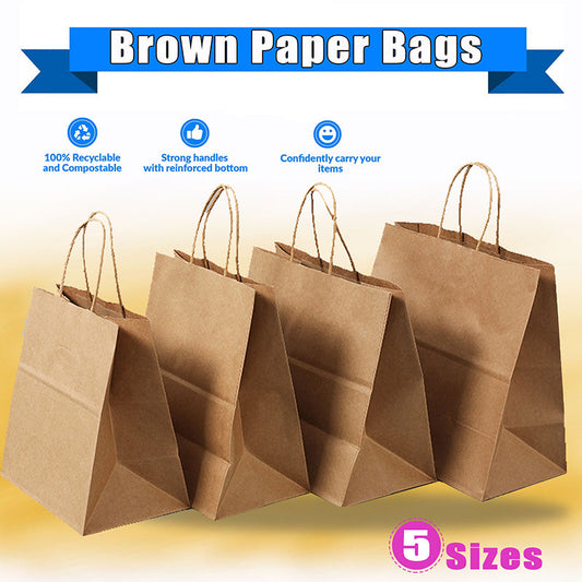 50X Kraft Paper Bags Gift Shopping Carry Craft Brown Bag With Handles - S-15cmx21cmx8cm