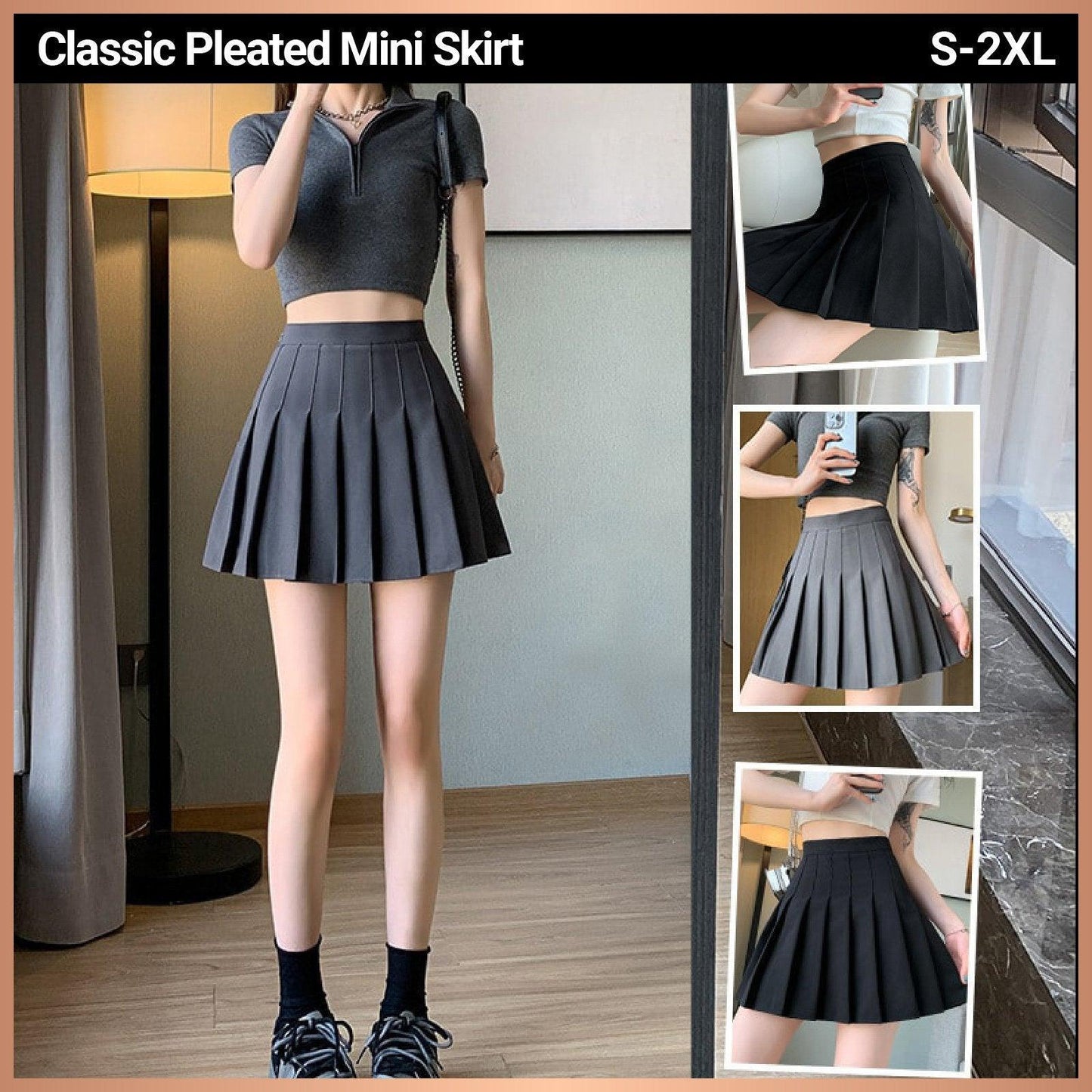 Black Women High Waist Pleated Tennis Skirt Summer Slimming - S