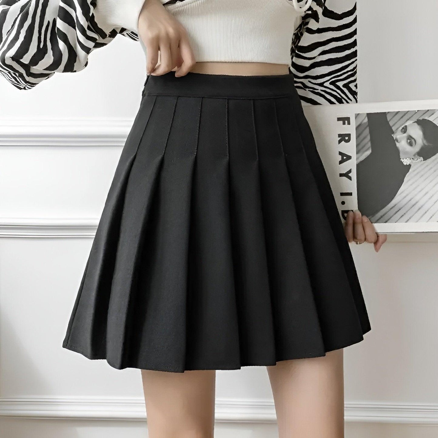 Black Women High Waist Pleated Tennis Skirt Summer Slimming - S