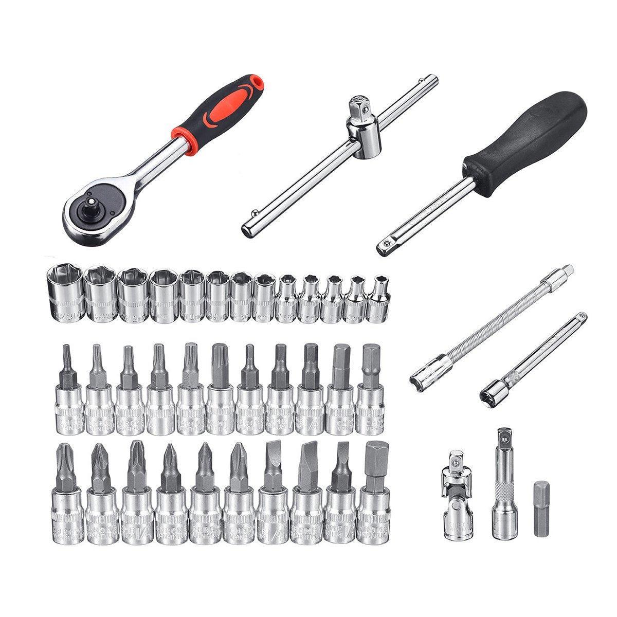 53PCS Metric Deep Socket Set 1/4" Drive Wrench with Flexible Extension Bar Tools