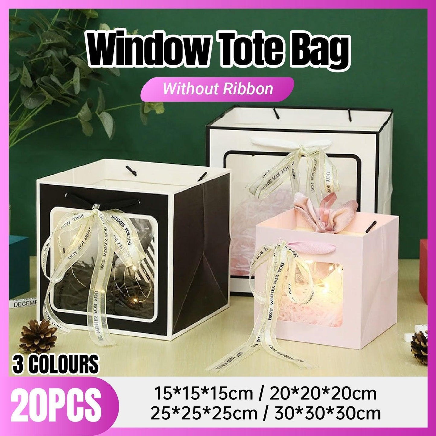 20PCS Open Window for Flower Doll Wedding Gift Transparent Square Packaging Bag - Black 30-30-30cm