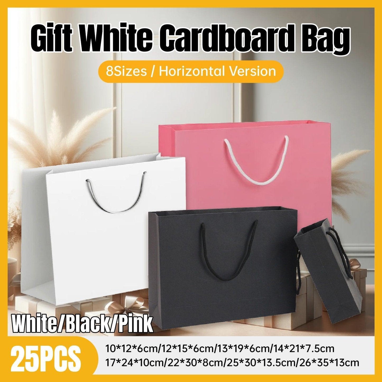 25X Kraft Paper Bags Gift Shopping Bag Carry White Pink Black Bag With Handles - Black-17-24-10
