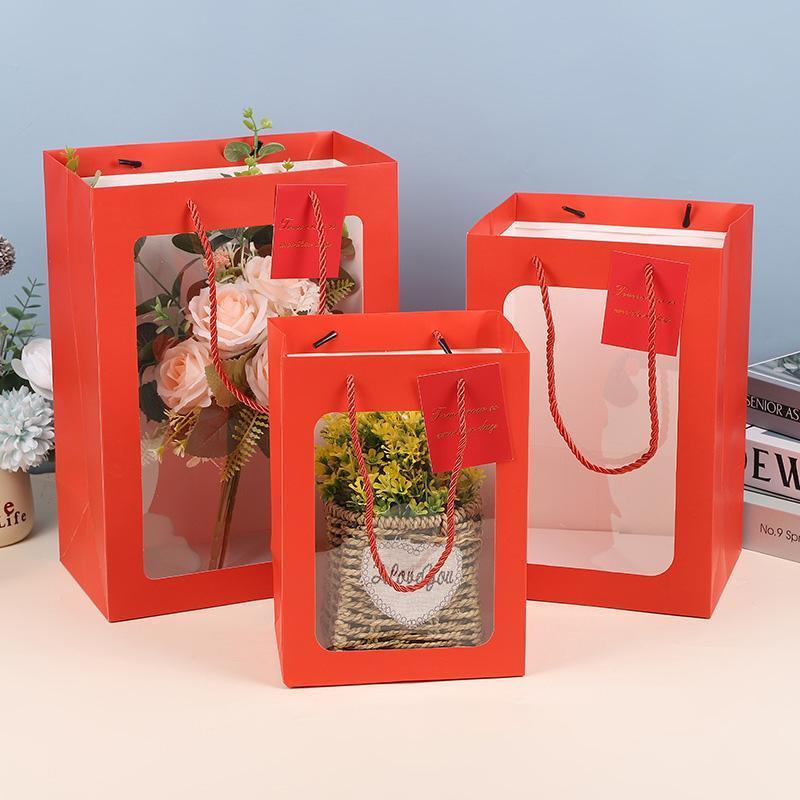 25x Thick Gift Bags with Transparent Window for Valentines Day Bouquets and Gift - Tote-Bag-25pcs-Pink-18-13-25cm