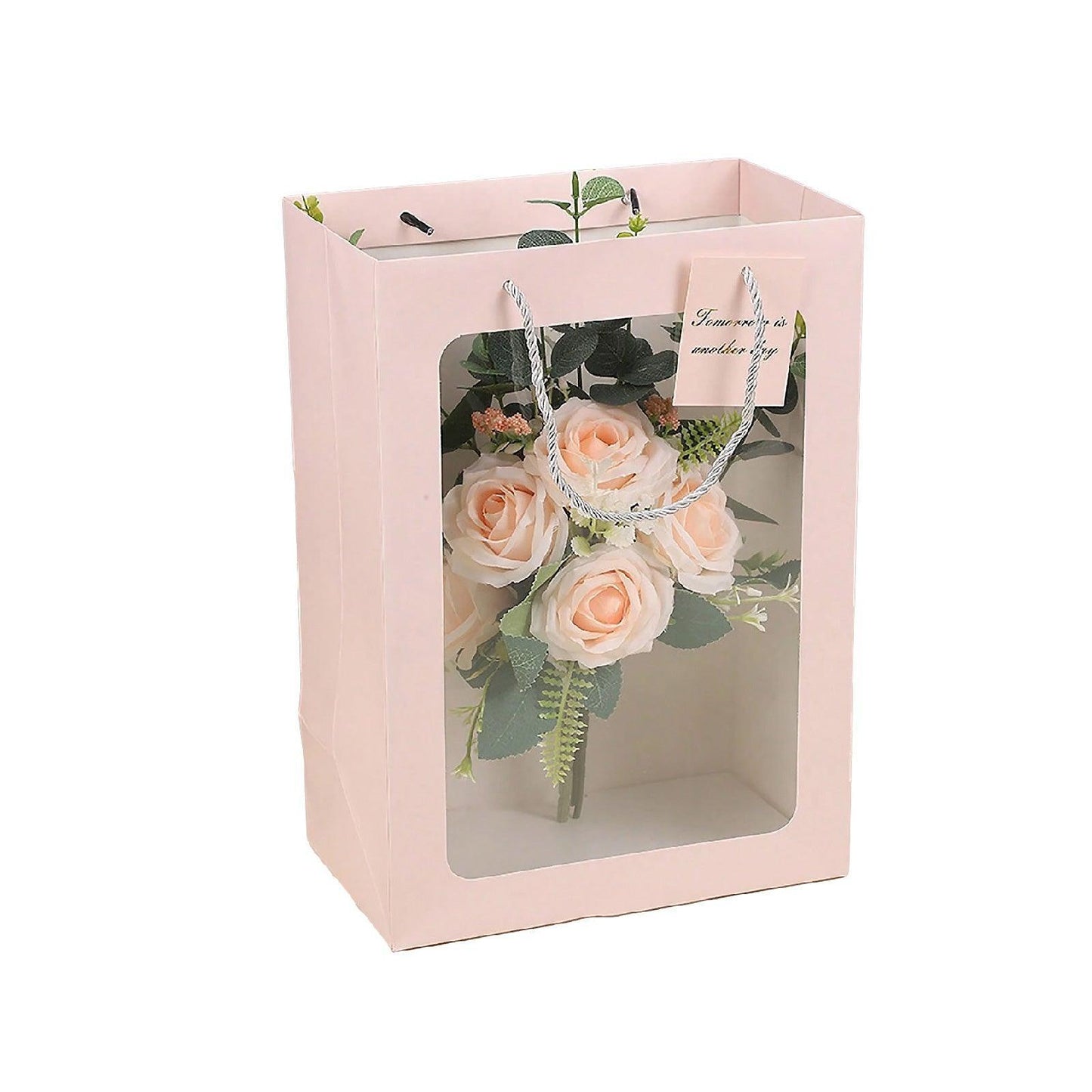 25x Thick Gift Bags with Transparent Window for Valentines Day Bouquets and Gift - Tote-Bag-25pcs-Pink-18-13-25cm
