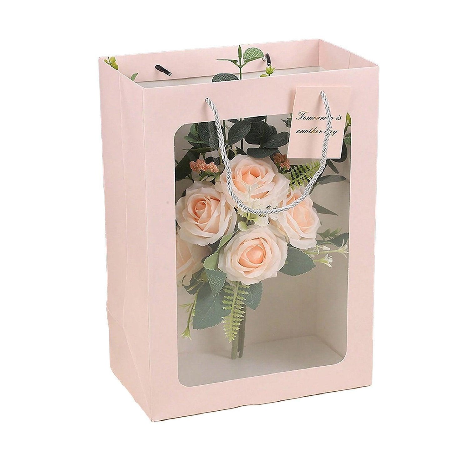 25x Thick Gift Bags with Transparent Window for Valentines Day Bouquets and Gift - Tote-Bag-25pcs-Pink-18-13-25cm