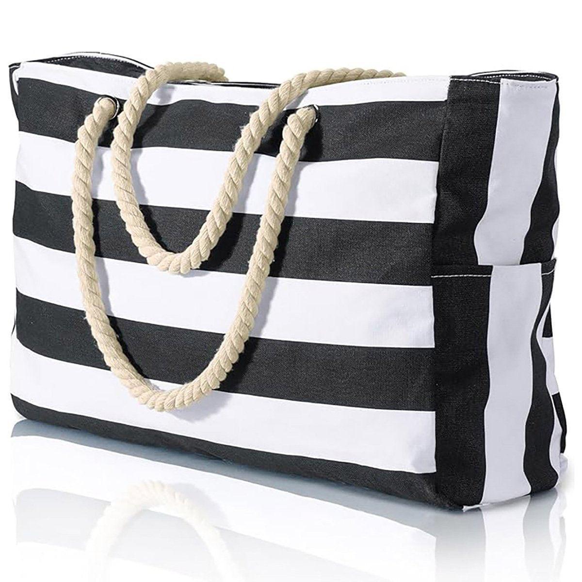 Large Bohemian Striped Canvas Beach Bag Zipper Tote for Travel Outdoor Vacation - Black