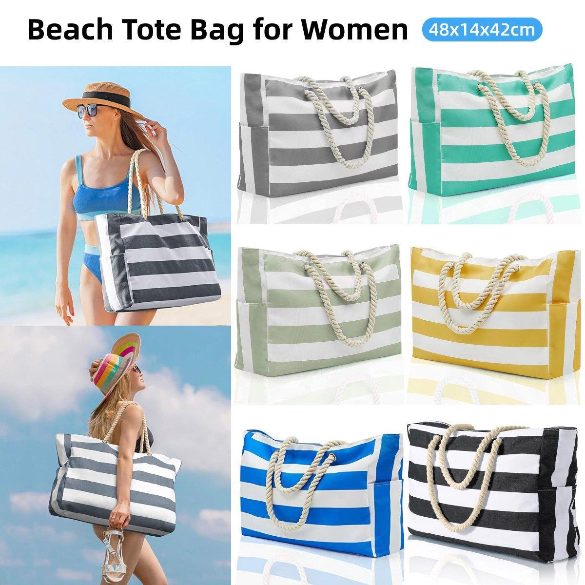 Large Bohemian Striped Canvas Beach Bag Zipper Tote for Travel Outdoor Vacation - Grey