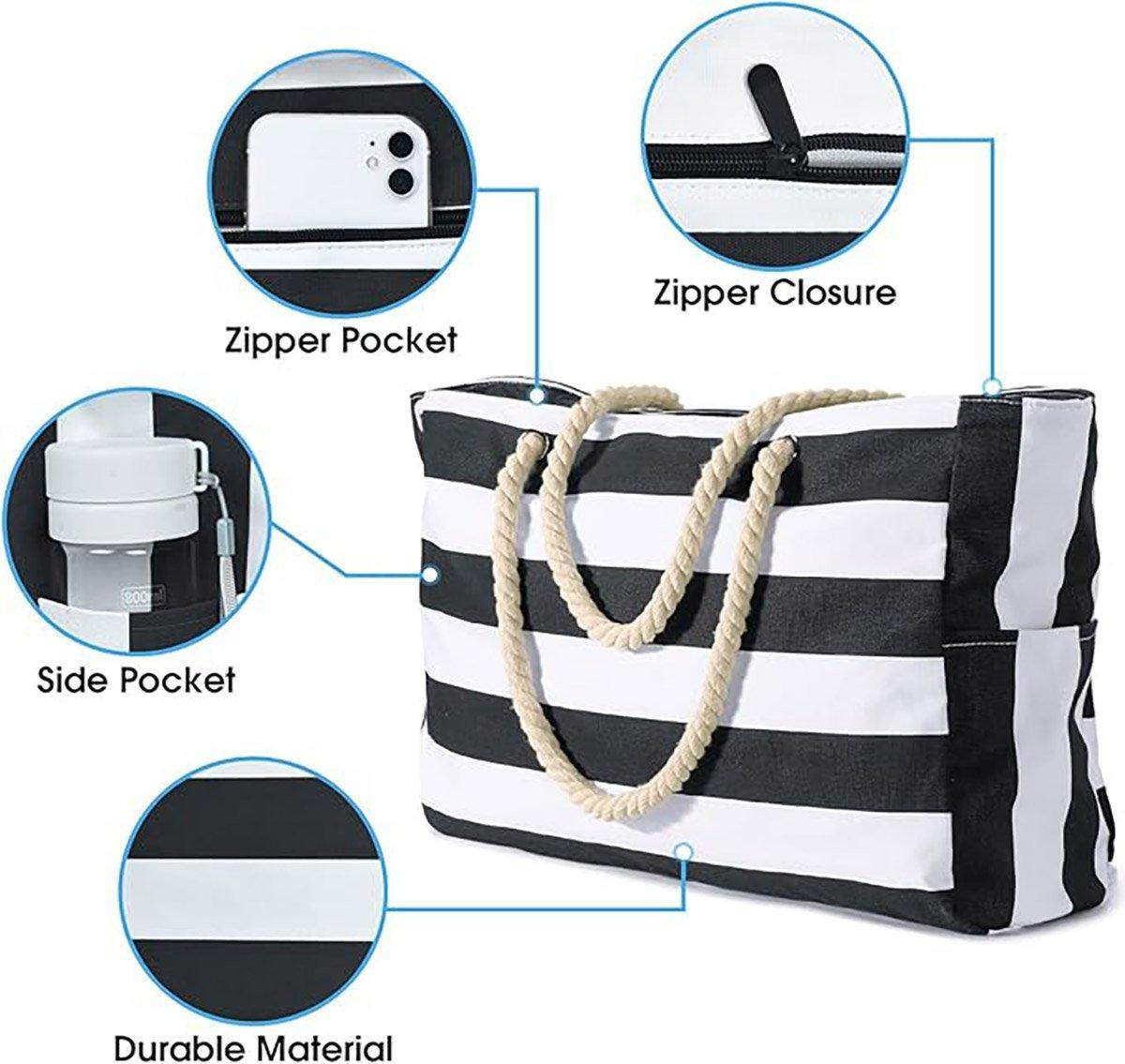 Large Bohemian Striped Canvas Beach Bag Zipper Tote for Travel Outdoor Vacation - Grey