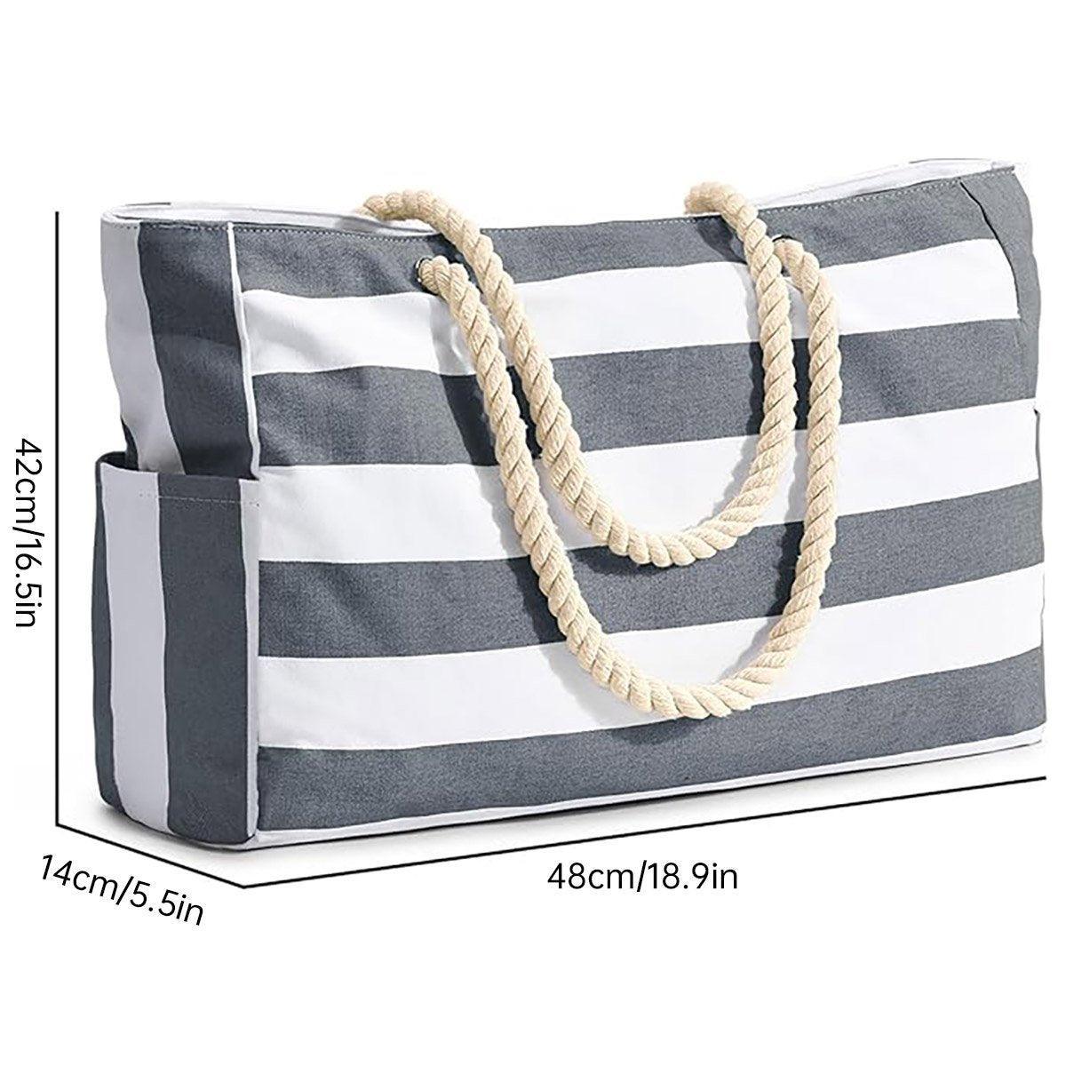 Large Bohemian Striped Canvas Beach Bag Zipper Tote for Travel Outdoor Vacation - Yellow