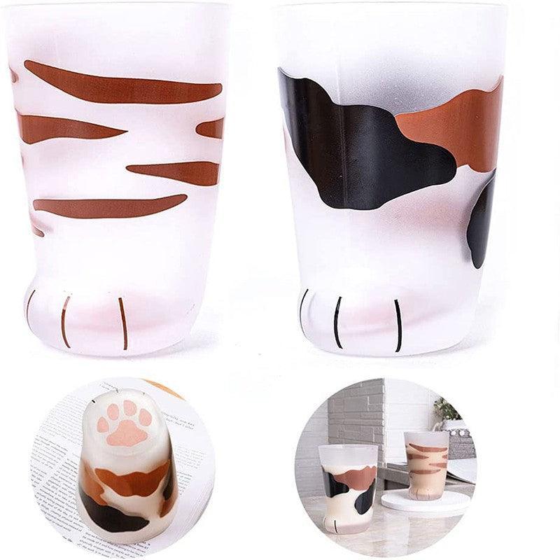 Pair 3 Cat Paw Frosted Calico Cups Glass Milk Cute Gift Tumbler Claw Foot Cute