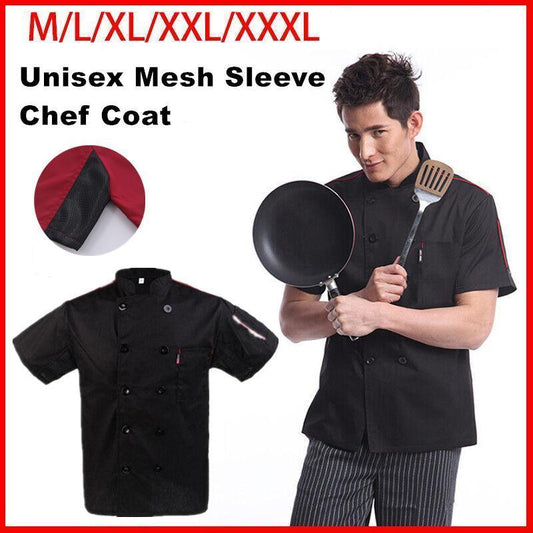 Black Unisex Mesh Sleeve Chef Coat Jacket Restaurant Hotel Cook Short Uniform - 2XL