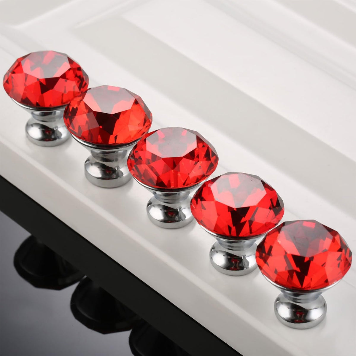 Door Knobs Handles Clear Crystal Diamond Glass Kitchen Cupboard Cabinet Pulls 40MM - Red-10PCS