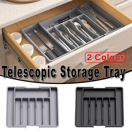 Extendable Cutlery Storage Box Household Portable Retractable Tray Organizer - Black