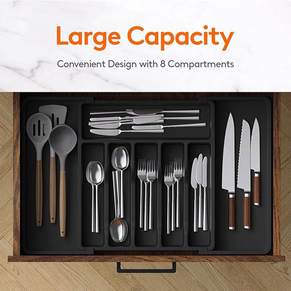Extendable Cutlery Storage Box Household Portable Retractable Tray Organizer - Black