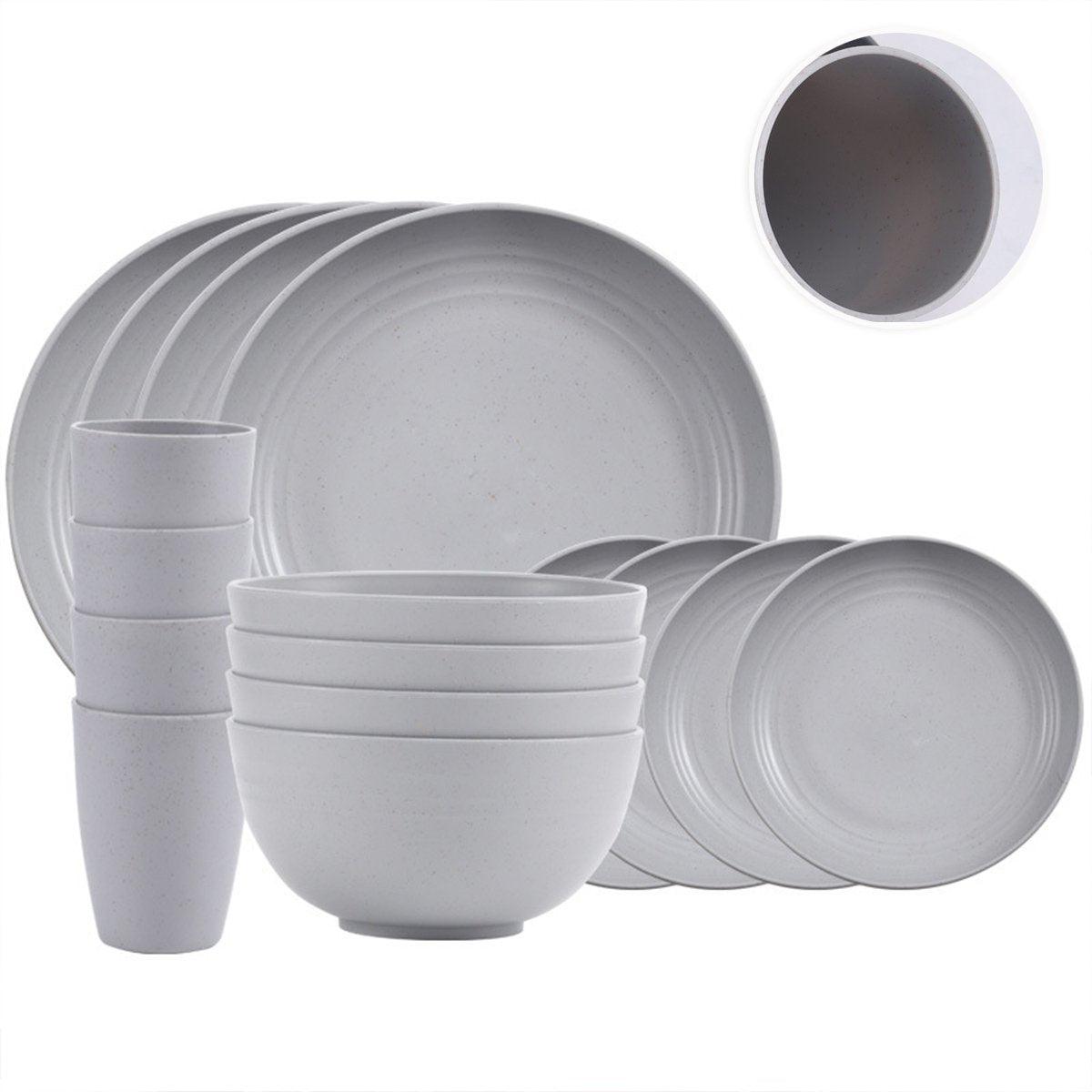 16pcs Wheat Straw Plates Bowls Cups Set Outdoor Tableware Set