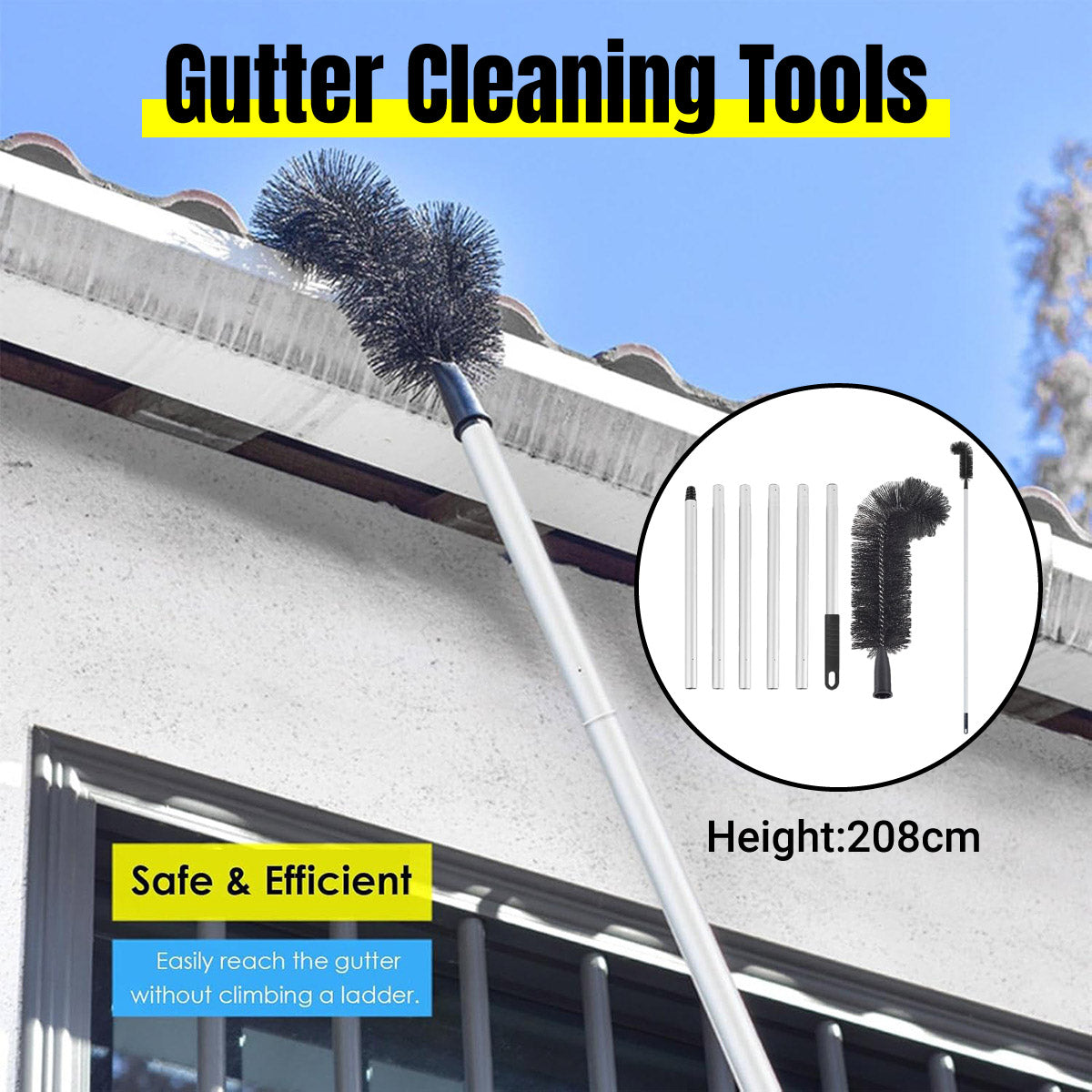 Gutter Cleaning Brush Roofing Tool with Pole 208cm for Long Splicing Gutter