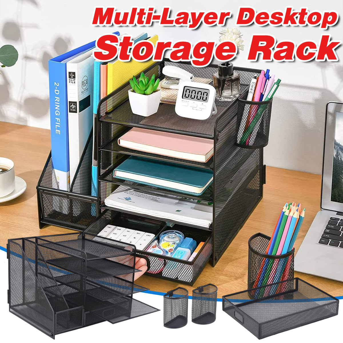 Multi-Tier Desktop Organizer File Holder Document Storage Rack Office Shelf