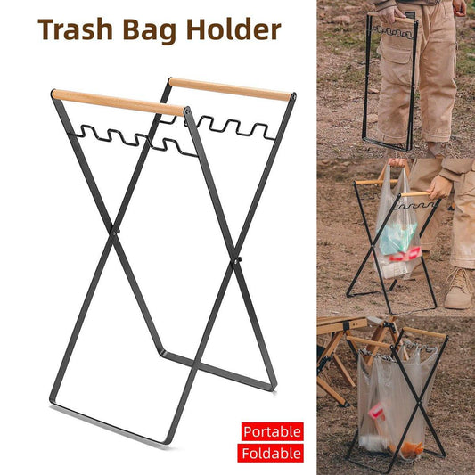 Outdoor Portable Wooden Folding Garbage Rack Picnic Barbecue Plastic Bag Holder