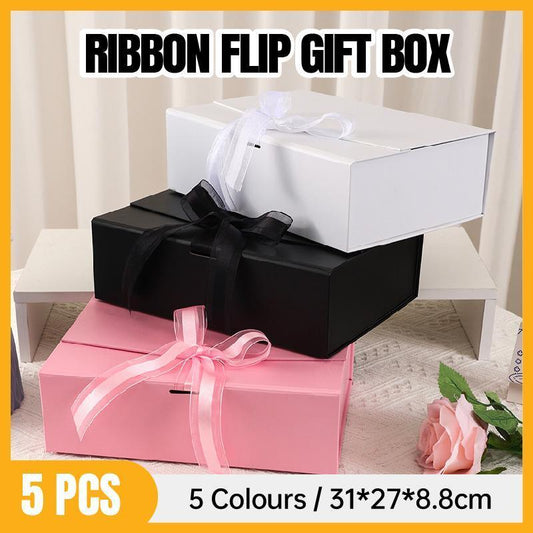Elegant Ribbon Flip Folding Gift Boxes Multiple Colors High-Quality Cardboard - Orange