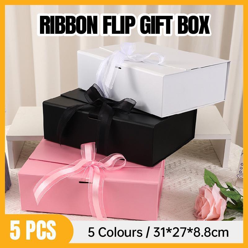 Elegant Ribbon Flip Folding Gift Boxes Multiple Colors High-Quality Cardboard - White