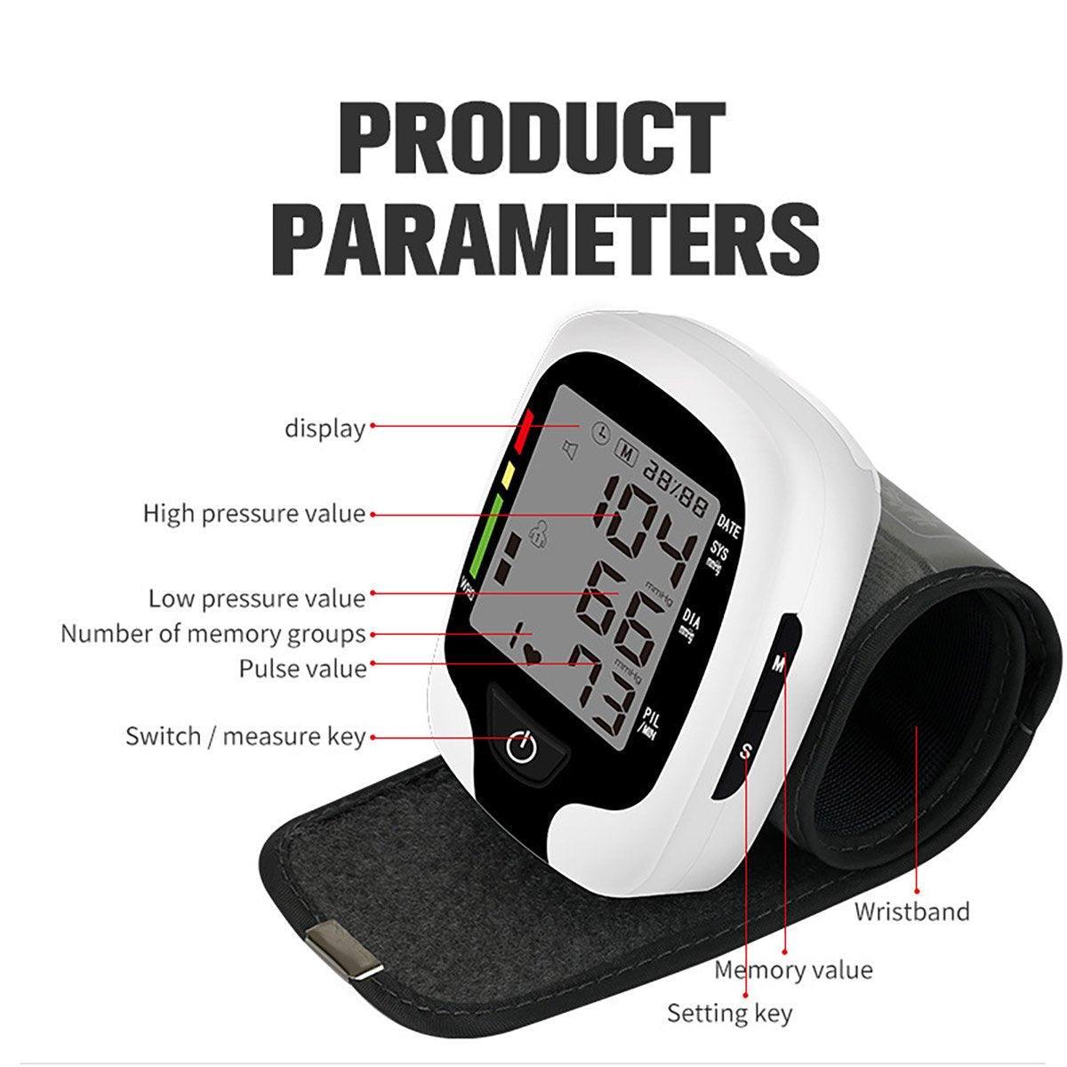 Home Automatic Wrist Blood Pressure Monitor Electronic Sphygmomanometer Device