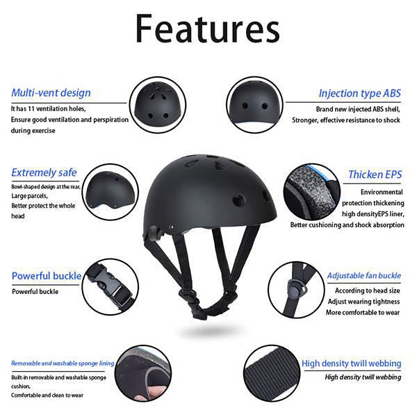 Black Bike Skate Helmet with Adjustable Fit Lightweight Protective Design 3 Sizes - L