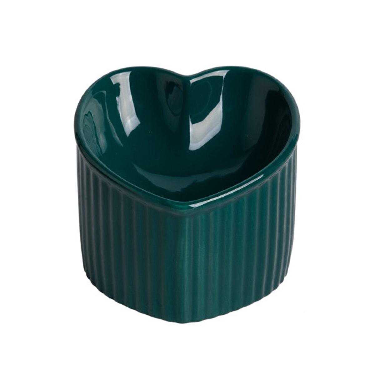 Love Shape Slanted Cat Bowl Ceramic Pet Bowl for Cats Food Water Feeding Dish - Dark Green