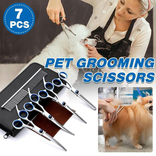 7PCS Pet Grooming Scissors Set Straight Curved Dog Cat Cutting Thinning Shears